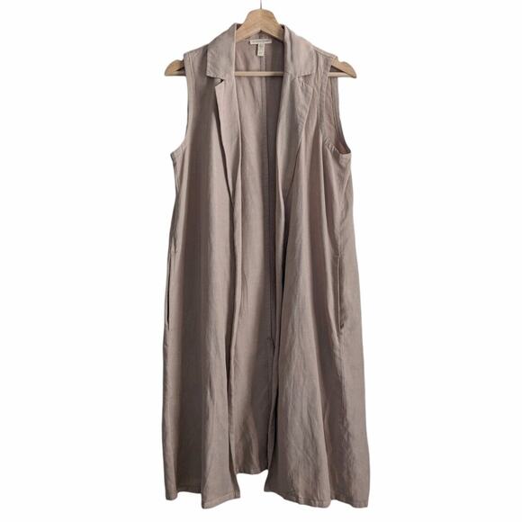 Eileen Fisher Long Vest Linen Tencel Khaki Tan Open Front Minimalist, Size XS - Picture 2 of 7